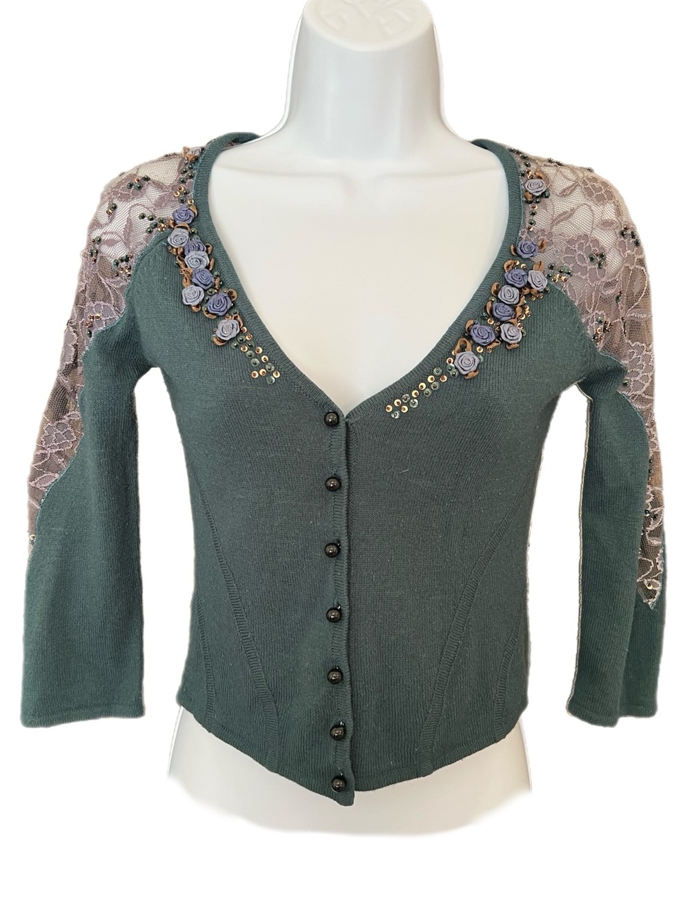 Vintage Betsey Johnson New York Lace 3D Flowers Sequin Cardigan FLAWS Read Descr